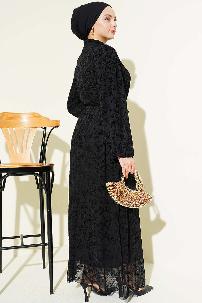 Floral Tulle Dress with Tie Belt - Black