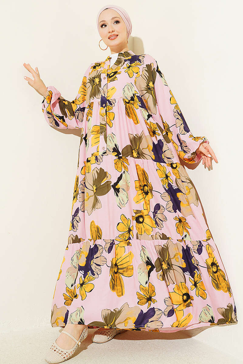 Tiered Floral Button Dress - Pink