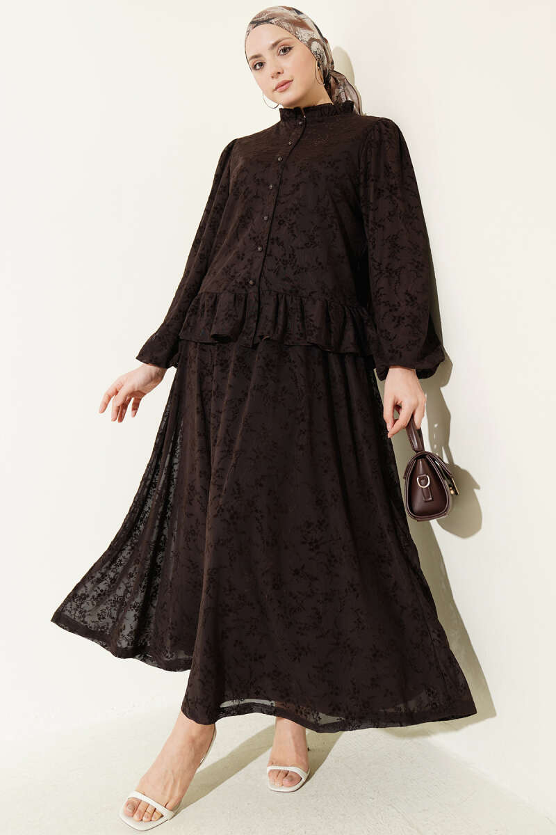 Floral Tulle Skirt Two-Piece Set - Brown