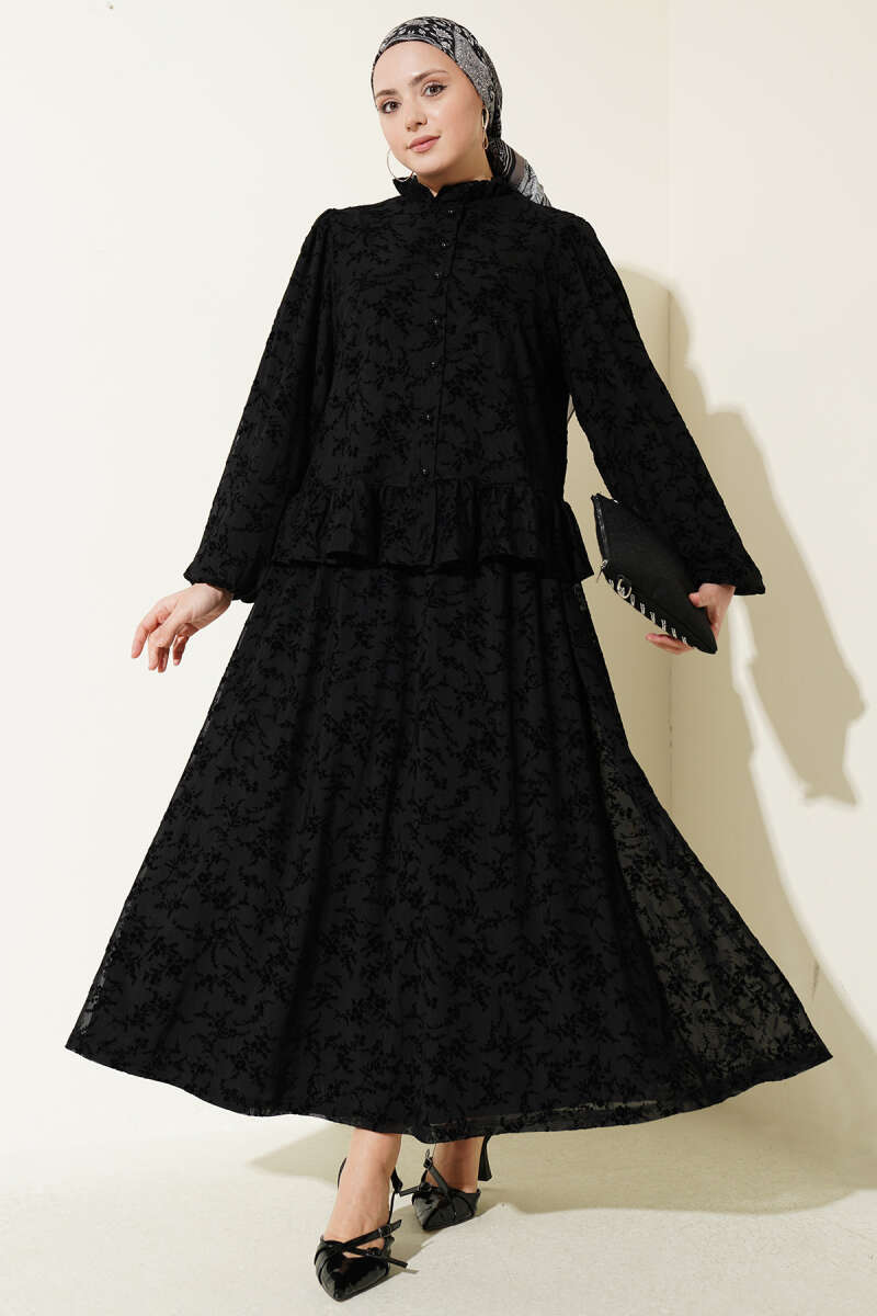 Floral Tulle Skirt Two-Piece Set - Black