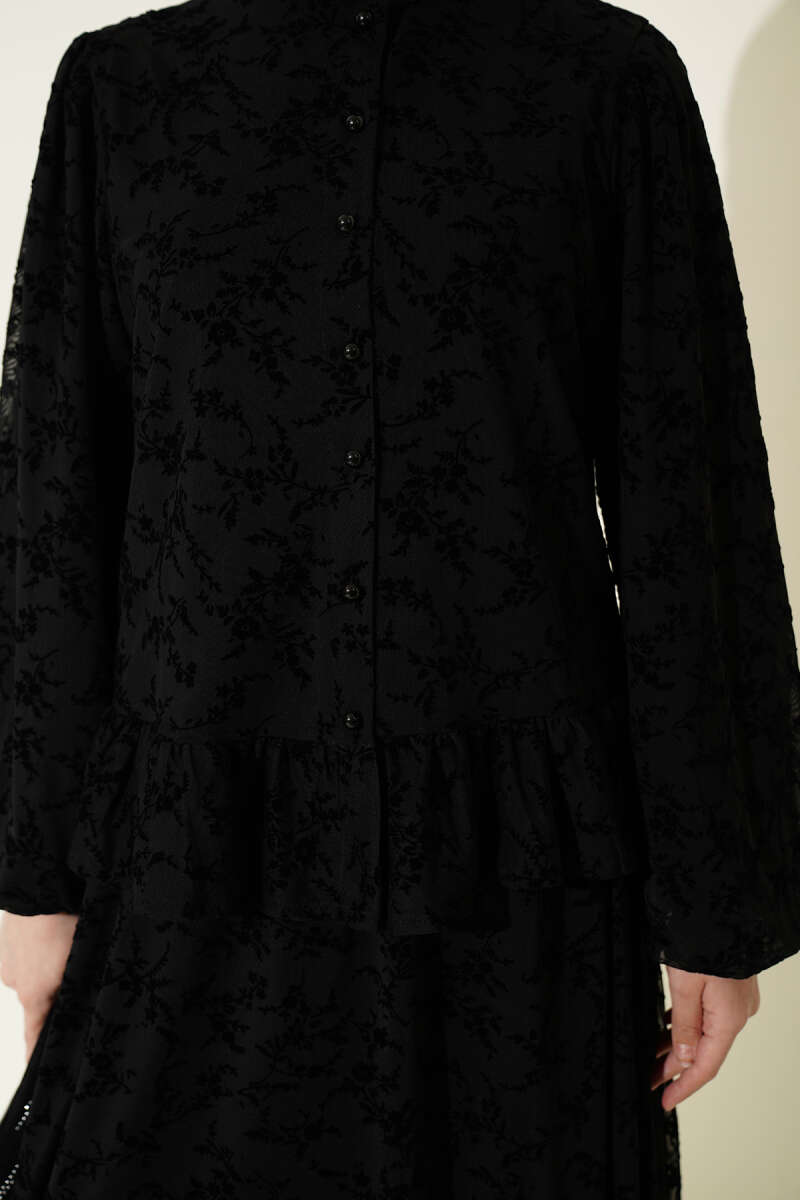 Floral Tulle Skirt Two-Piece Set - Black