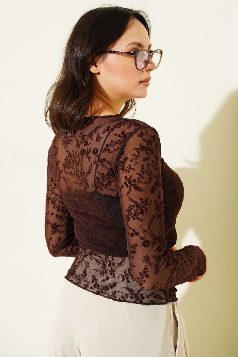 Floral Pattern Long-Sleeve Tulle Top - Dark Brown