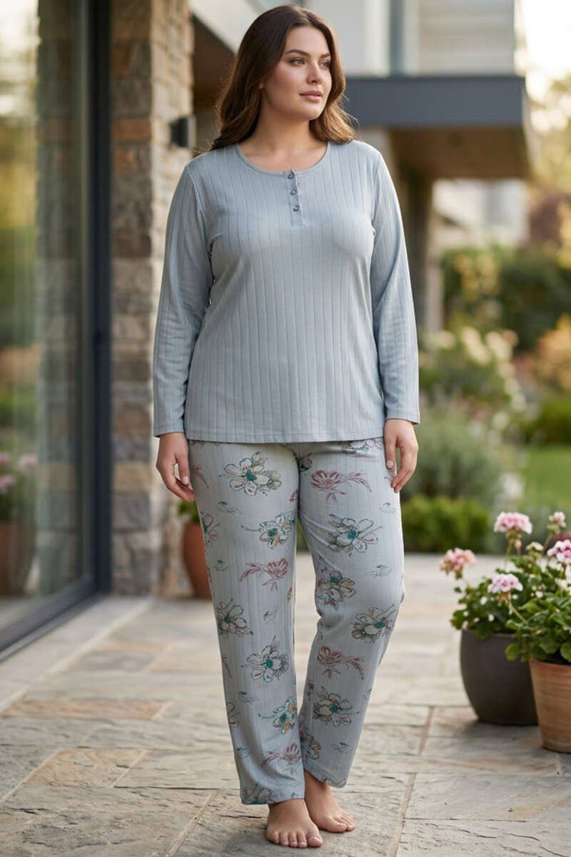 Plus-Size Floral Pyjama Set - Almond Green