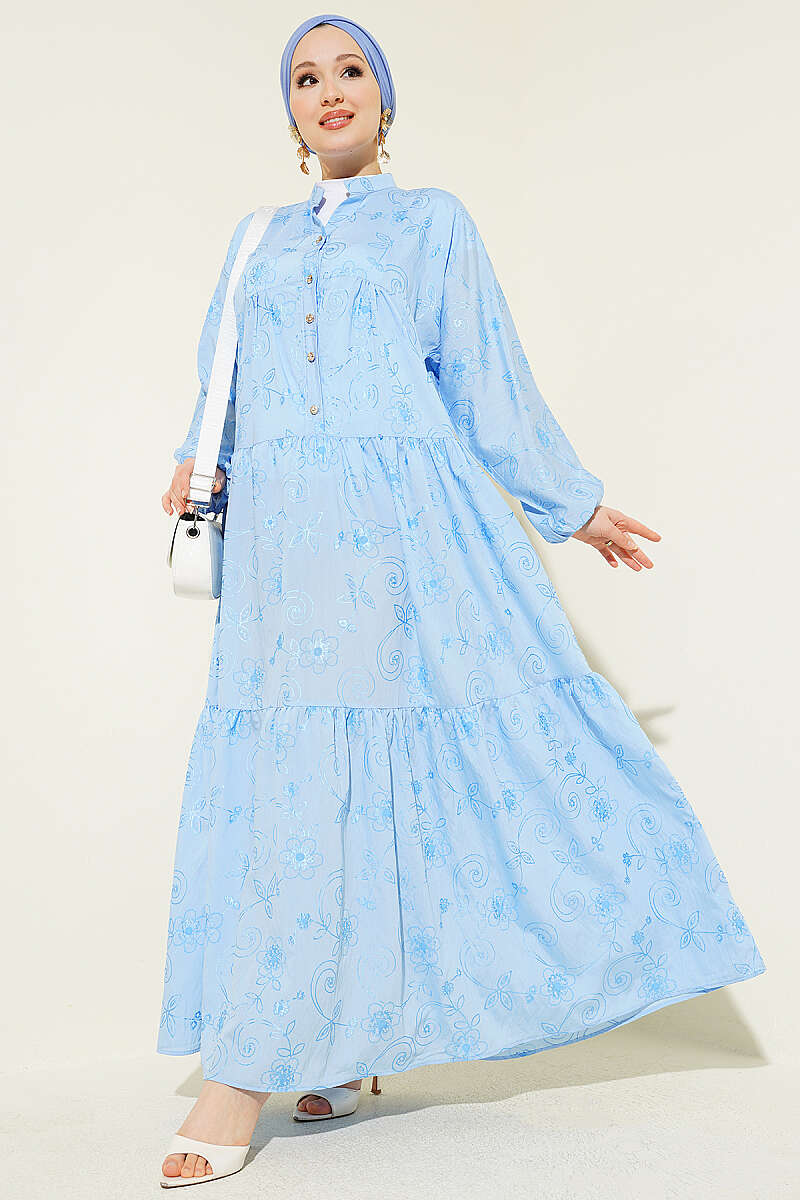 Floral Half-Button Dress - Blue