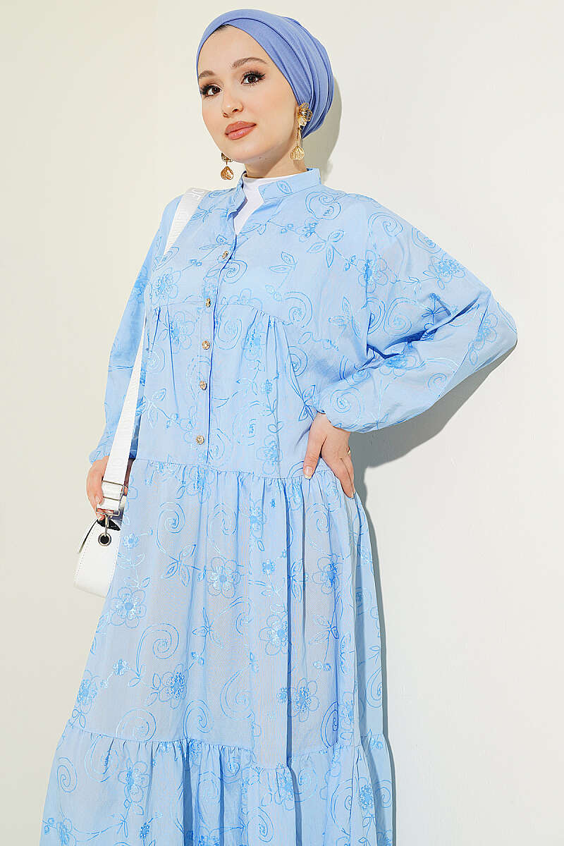 Floral Half-Button Dress - Blue