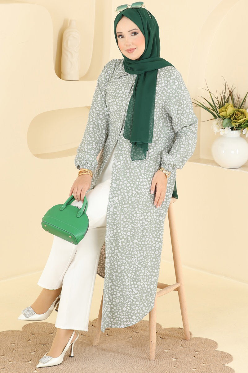 Floral Woven Button Tunic - Almond Green