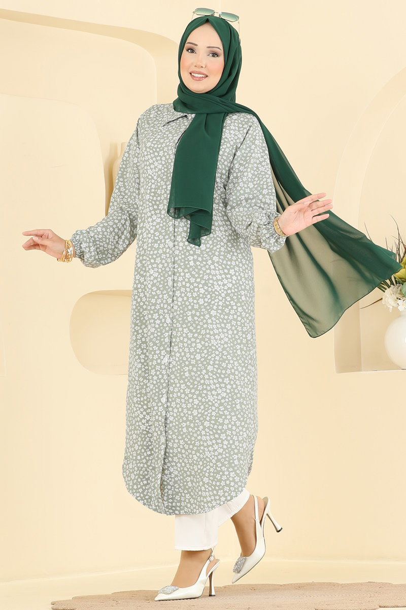 Floral Woven Button Tunic - Almond Green