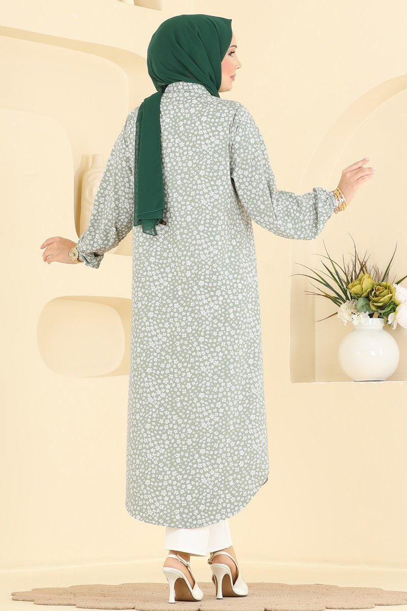 Floral Woven Button Tunic - Almond Green