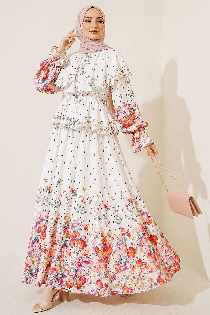 Floral Dress with Ruffled Collar - Ecru