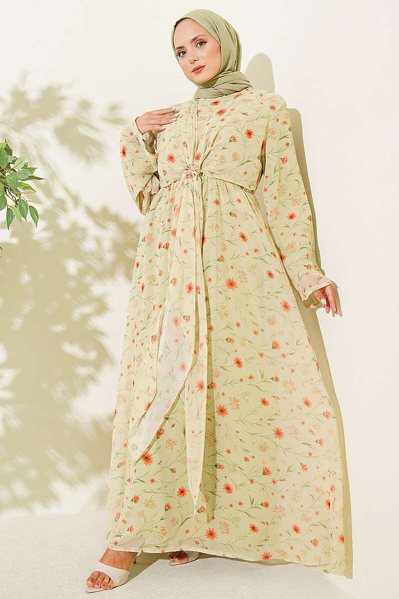 Floral Dress with Gold Buckle - Pistachio
