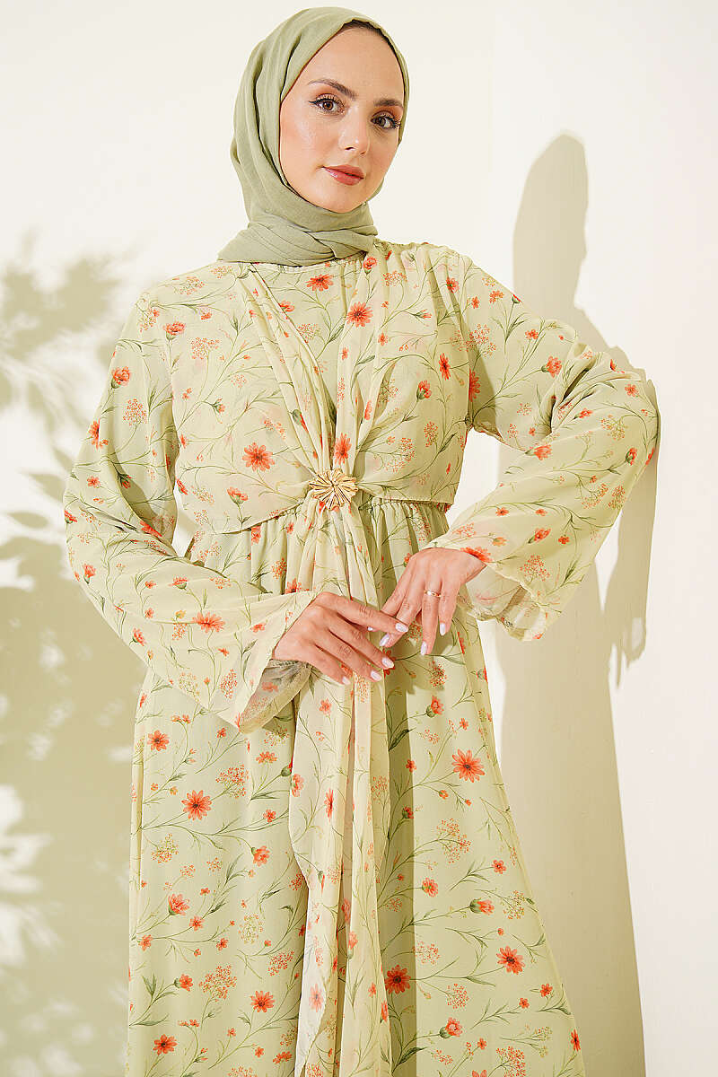 Floral Dress with Gold Buckle - Pistachio
