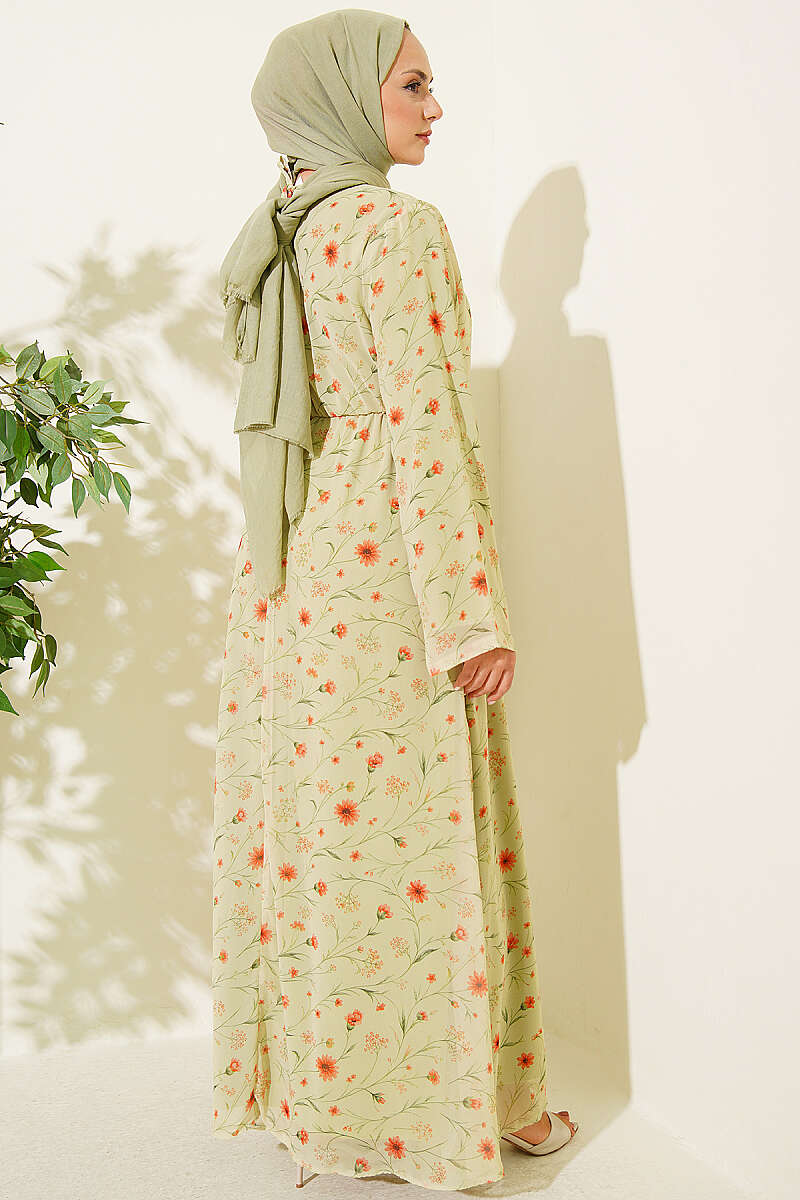 Floral Dress with Gold Buckle - Pistachio