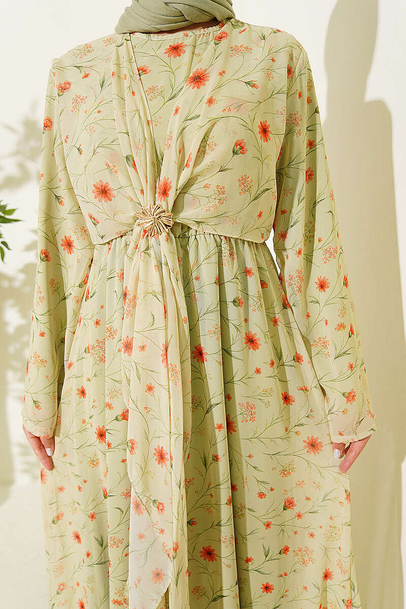 Floral Dress with Gold Buckle - Pistachio