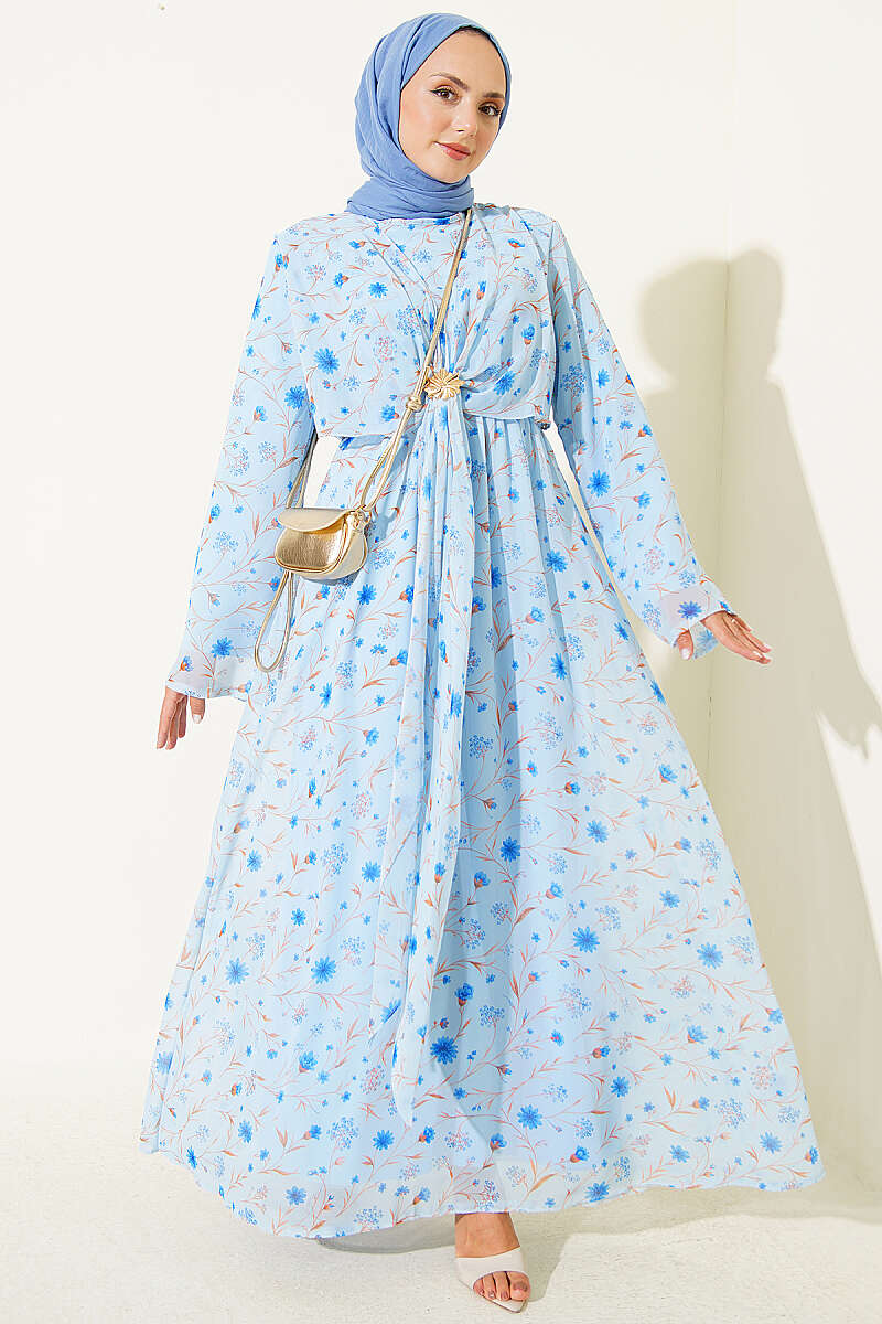 Floral Dress with Gold Buckle - Blue