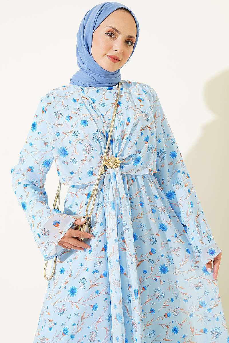 Floral Dress with Gold Buckle - Blue