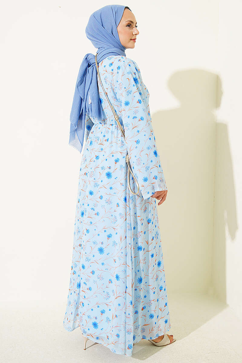Floral Dress with Gold Buckle - Blue