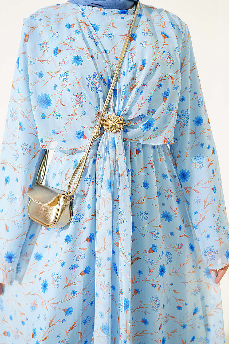 Floral Dress with Gold Buckle - Blue