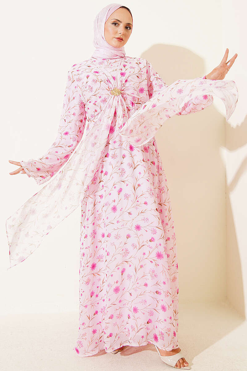 Floral Dress with Gold Buckle - Pink