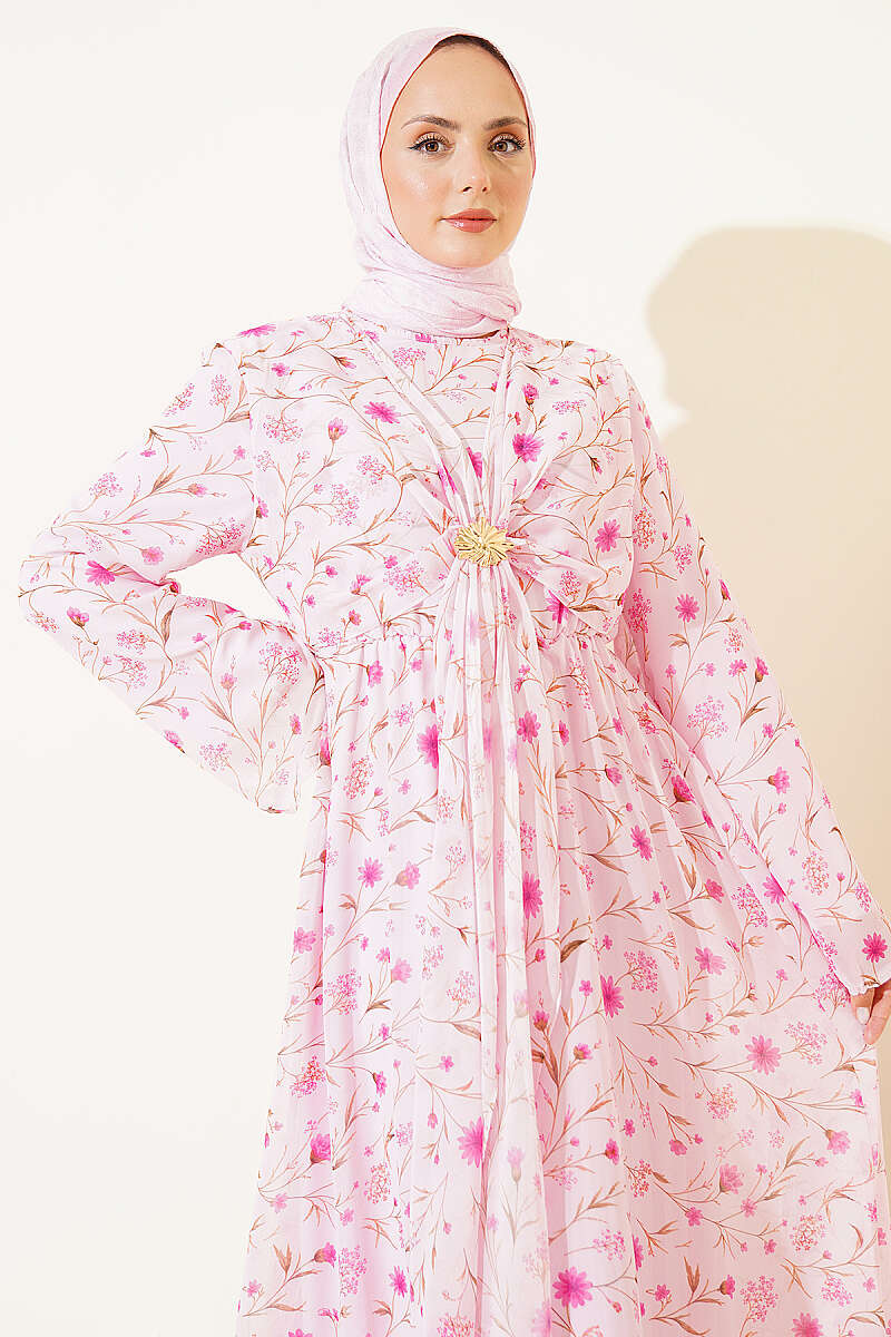 Floral Dress with Gold Buckle - Pink