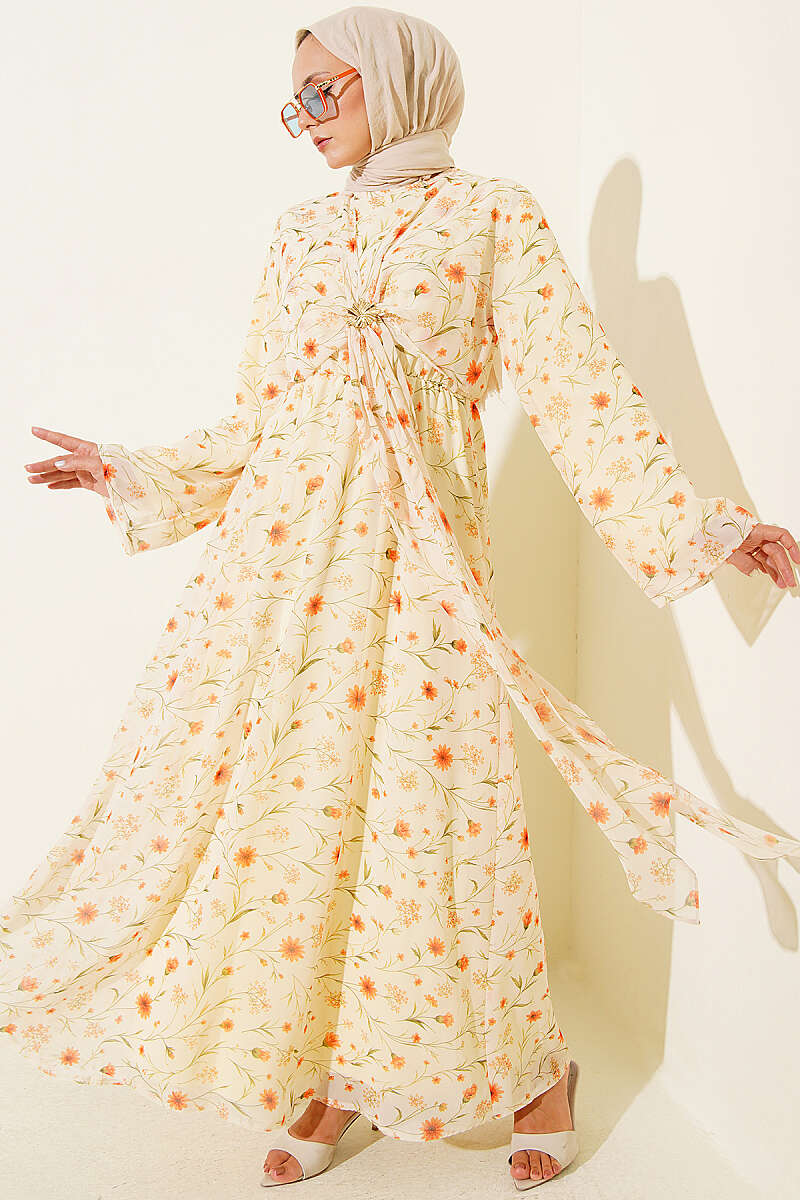 Floral Dress with Gold Buckle - Yellow