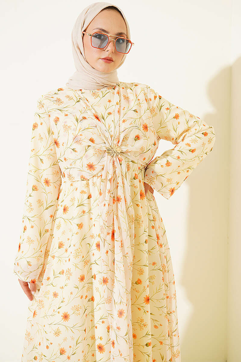 Floral Dress with Gold Buckle - Yellow