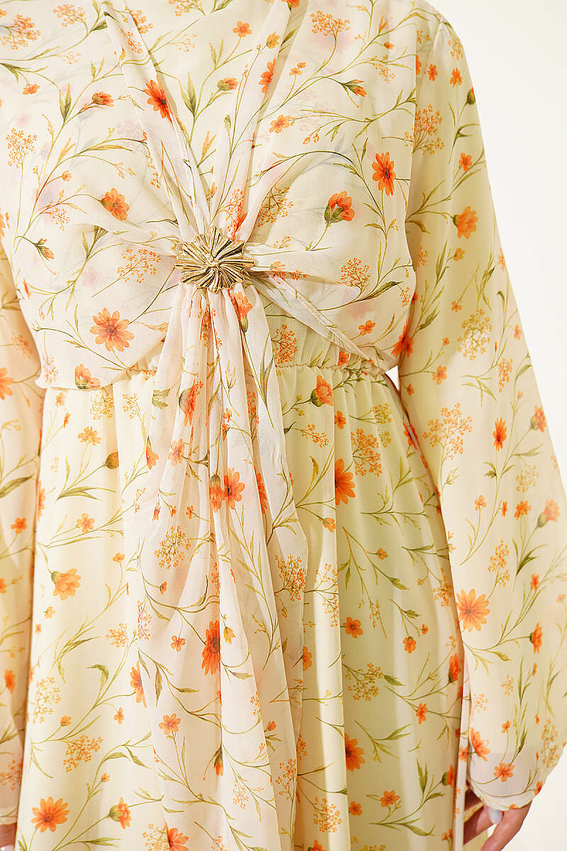 Floral Dress with Gold Buckle - Yellow