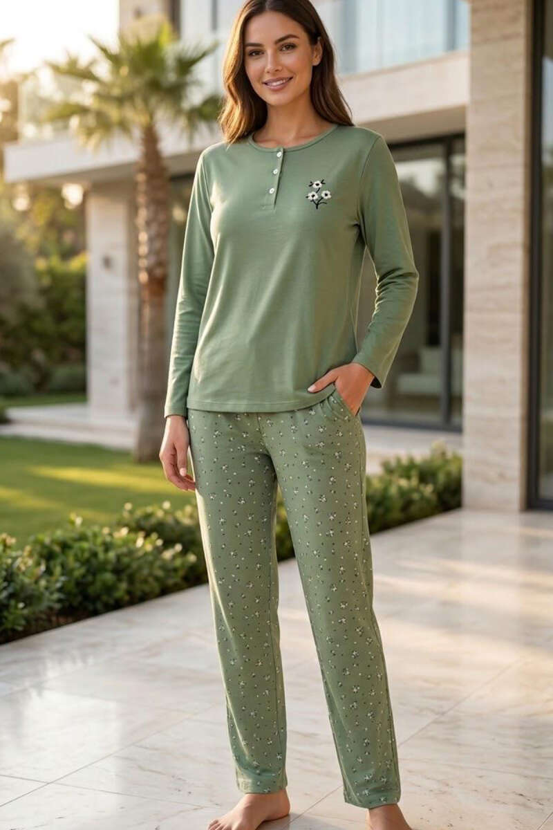 Floral Interlock Pyjama Set - Almond Green