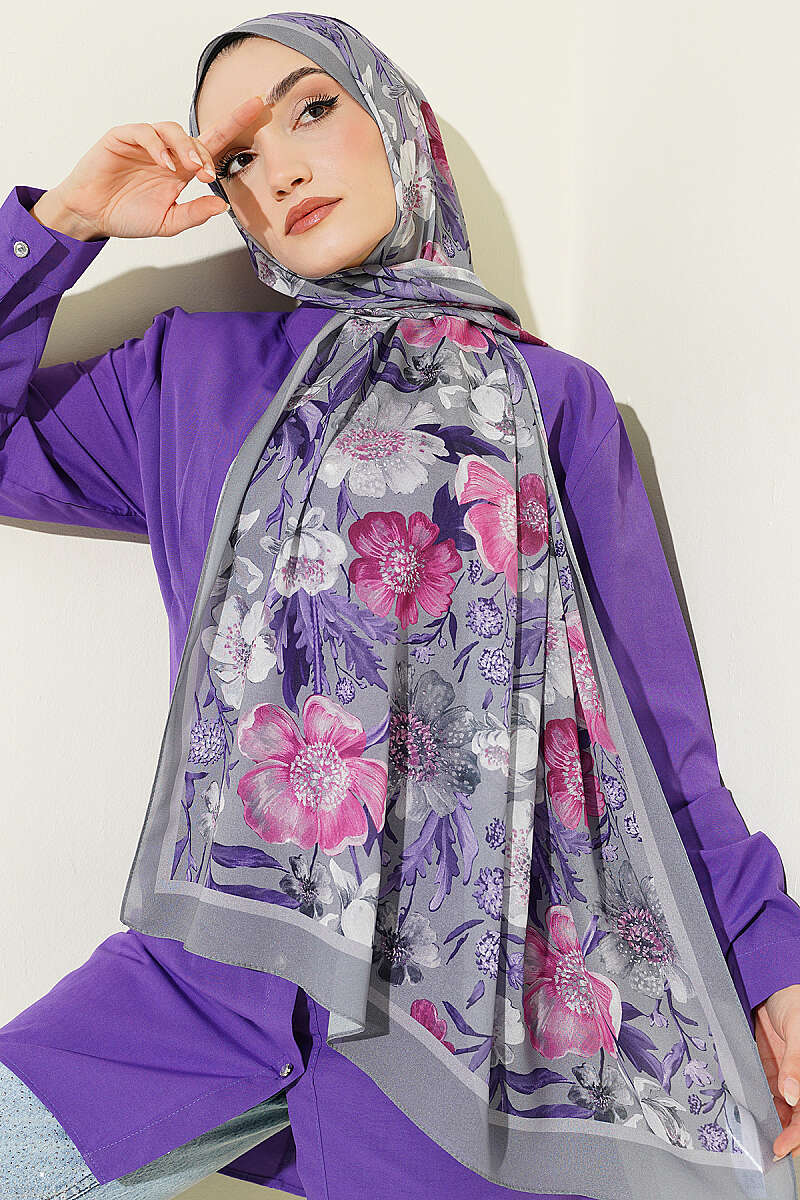 Floral Italian Chiffon Shawl - Grey