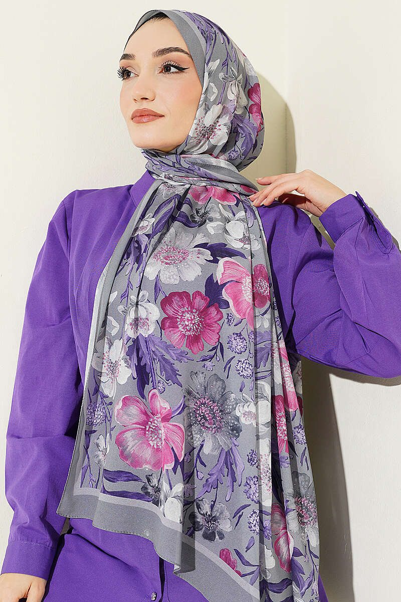 Floral Italian Chiffon Shawl - Grey
