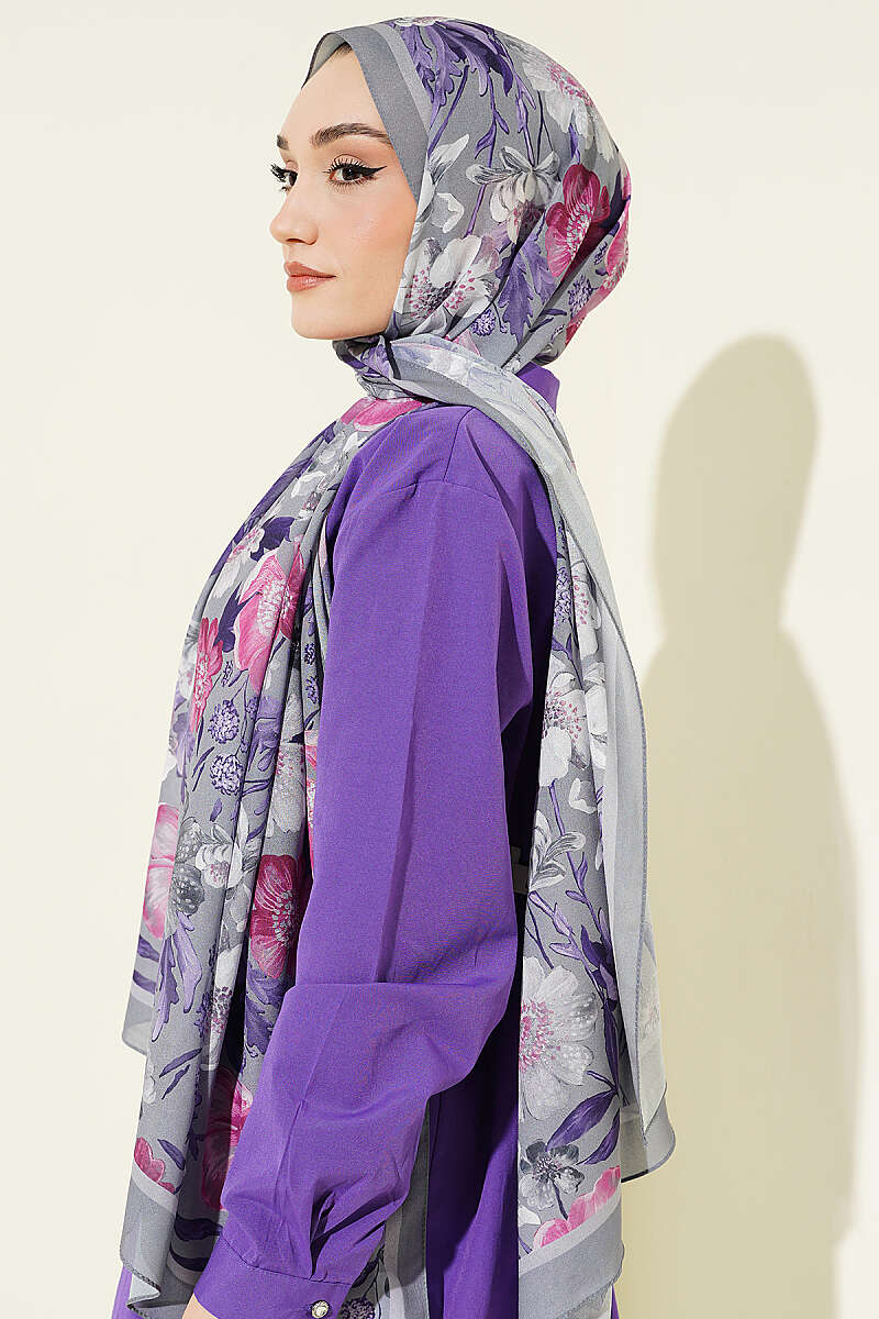 Floral Italian Chiffon Shawl - Grey