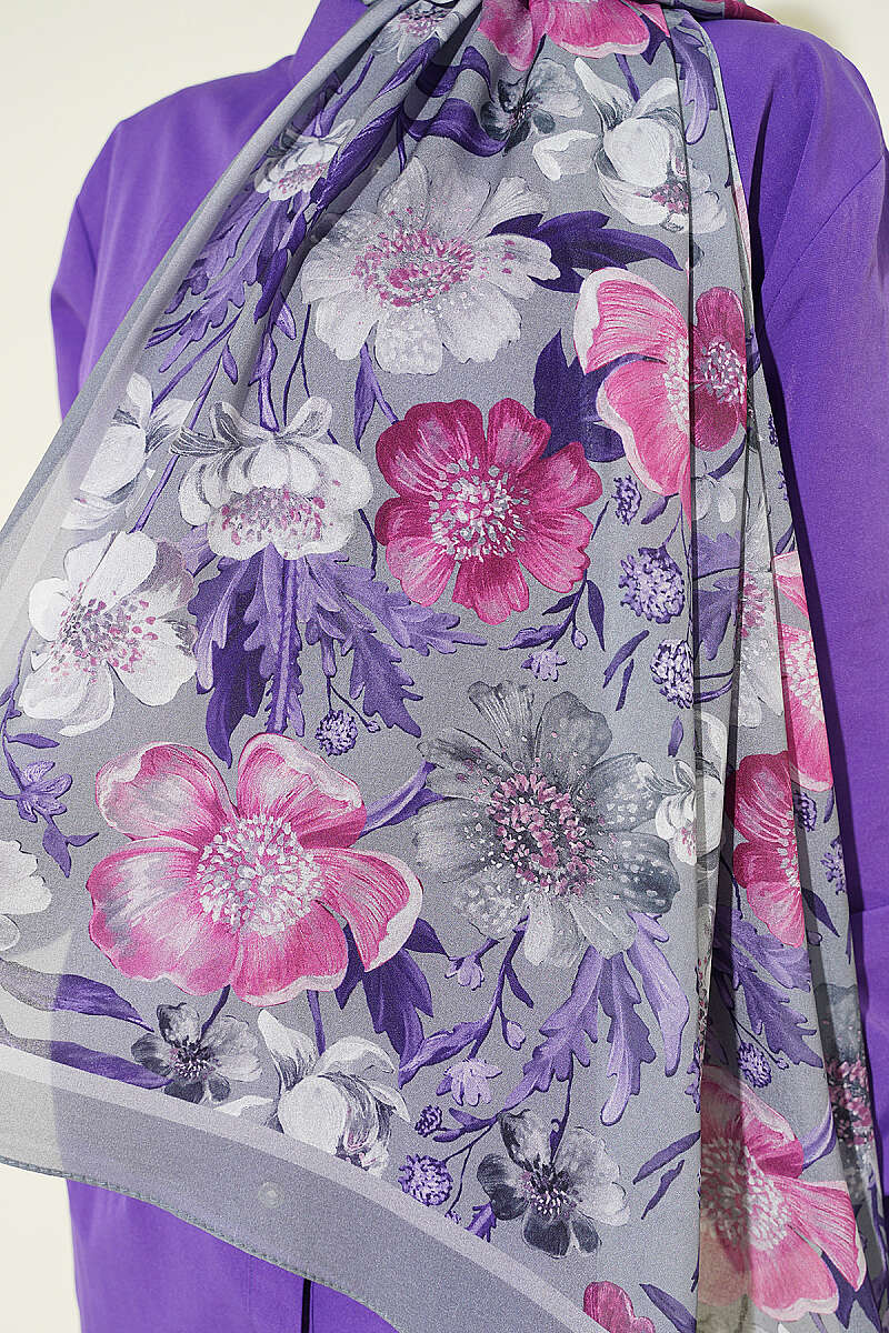 Floral Italian Chiffon Shawl - Grey