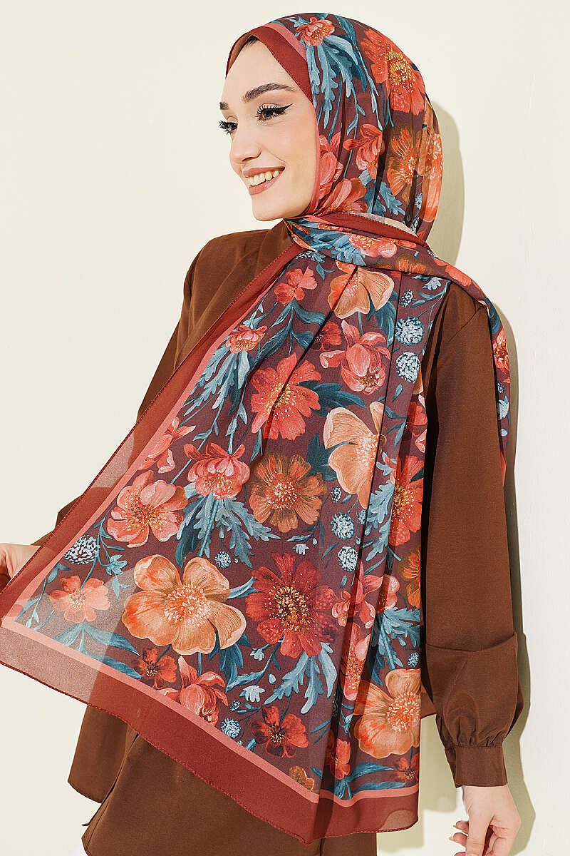 Floral Italian Chiffon Shawl - Brick