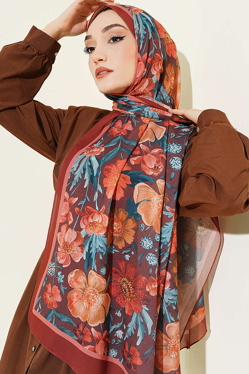Floral Italian Chiffon Shawl - Brick