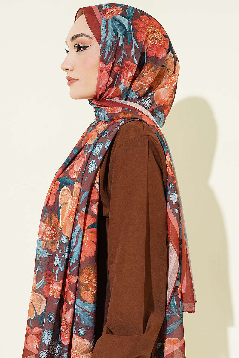 Floral Italian Chiffon Shawl - Brick