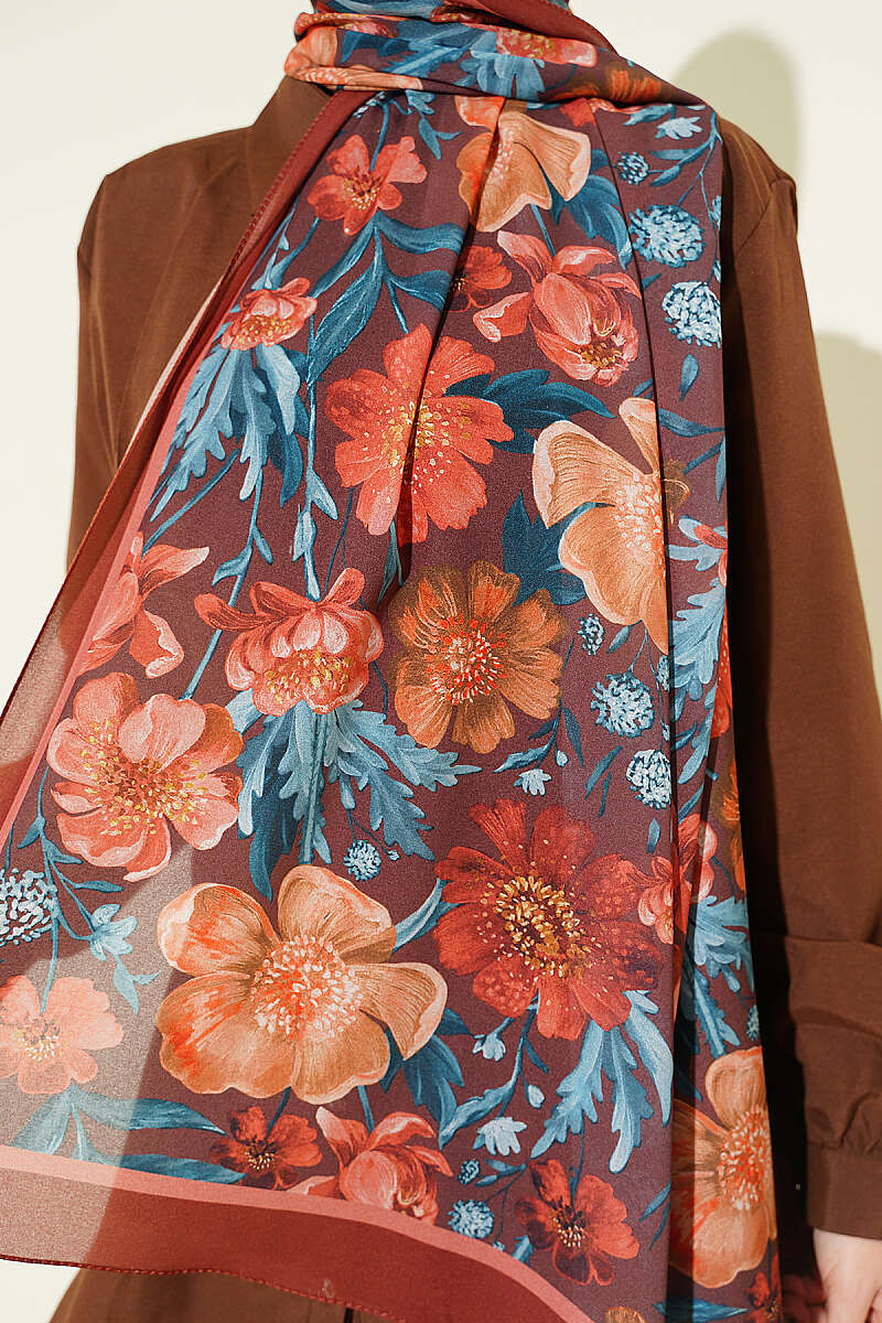 Floral Italian Chiffon Shawl - Brick