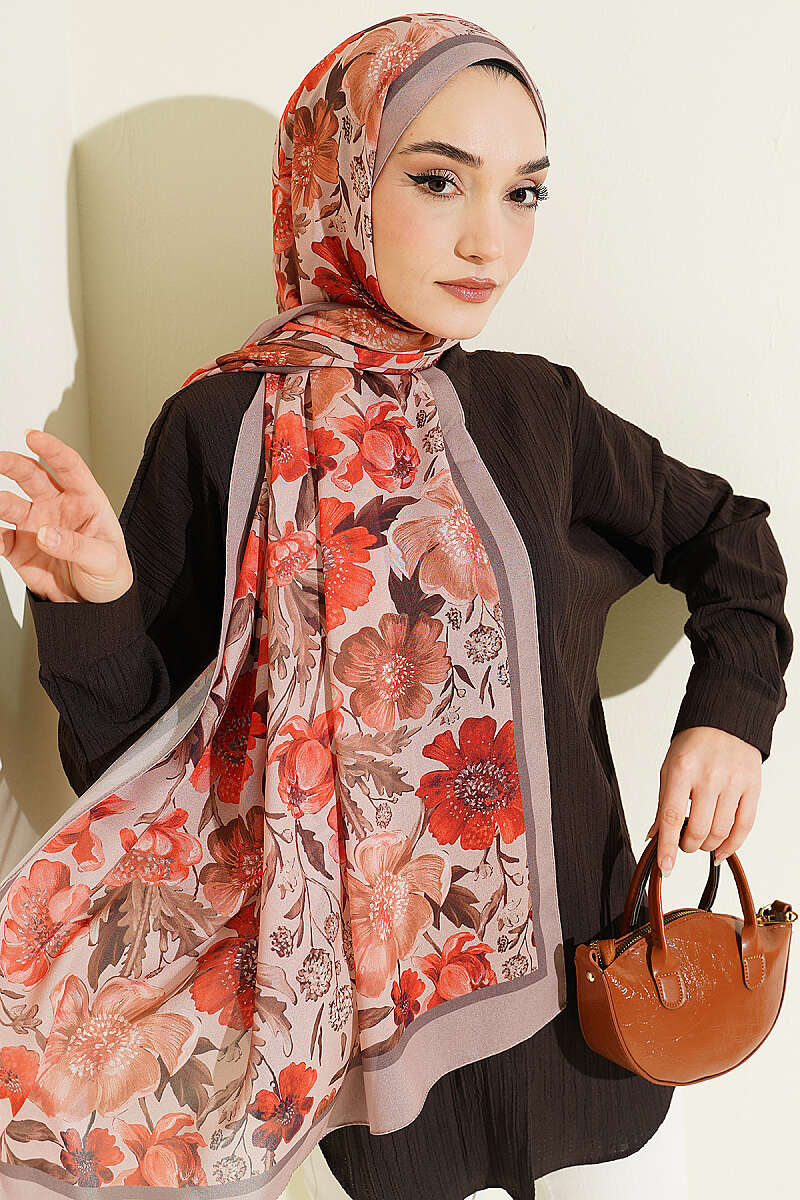 Floral Italian Chiffon Shawl - Latte
