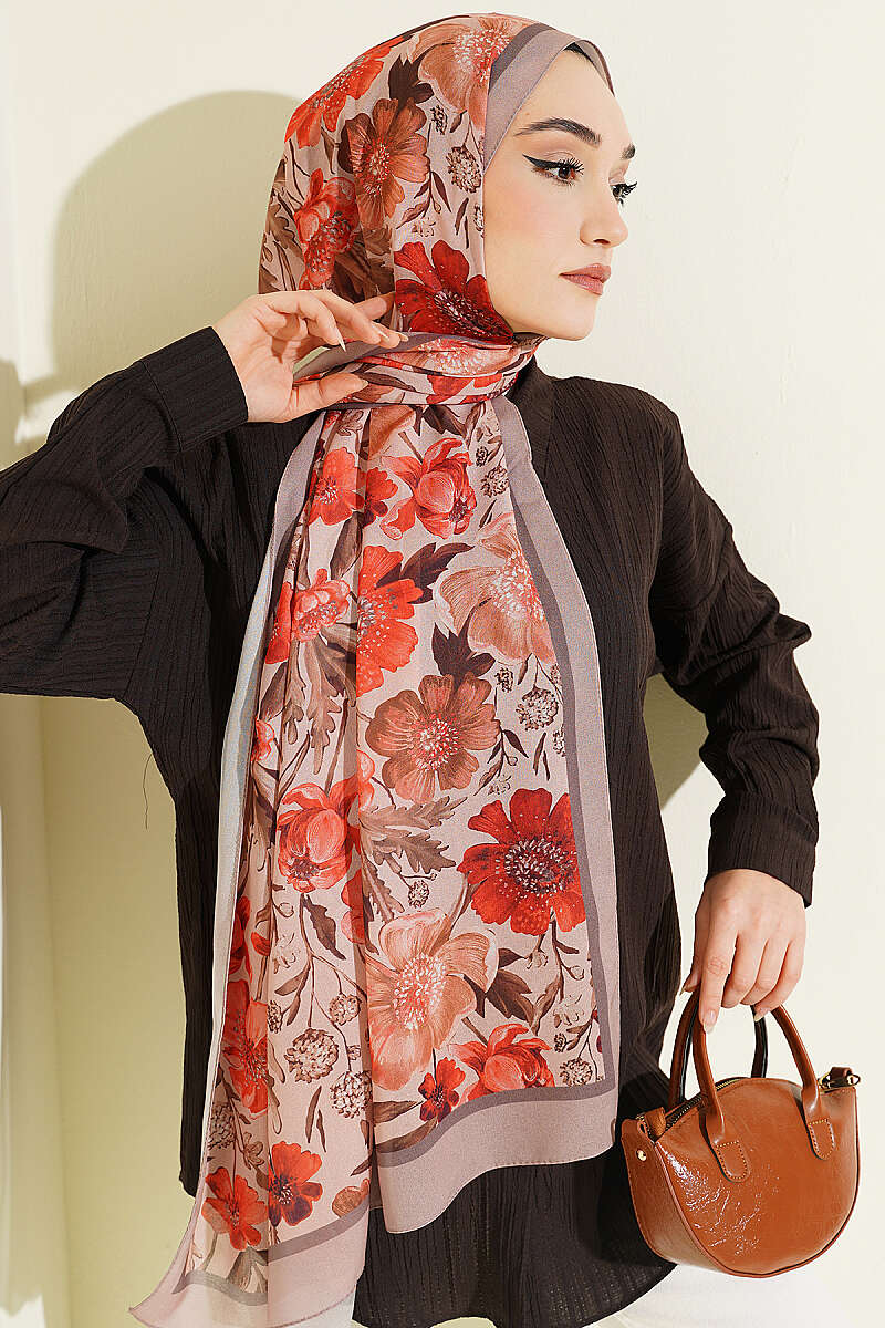Floral Italian Chiffon Shawl - Latte