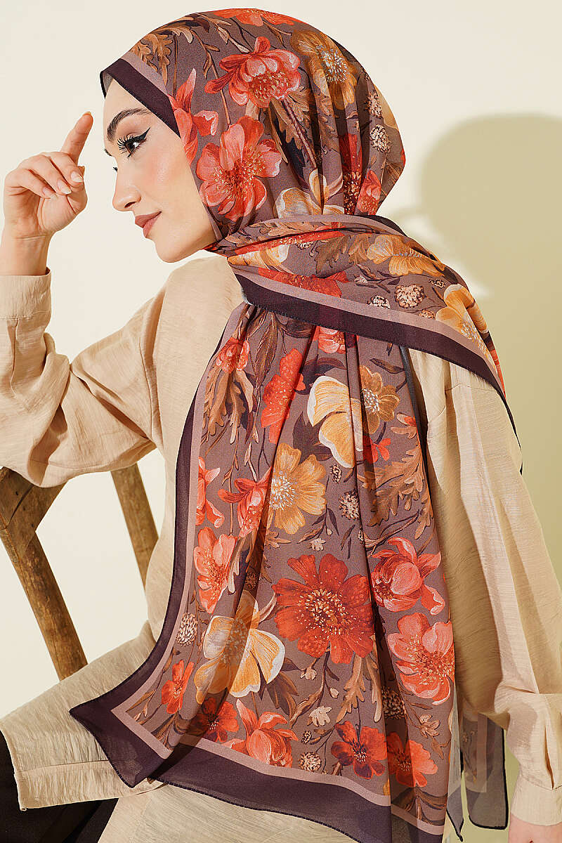 Floral Italian Chiffon Shawl - Plum