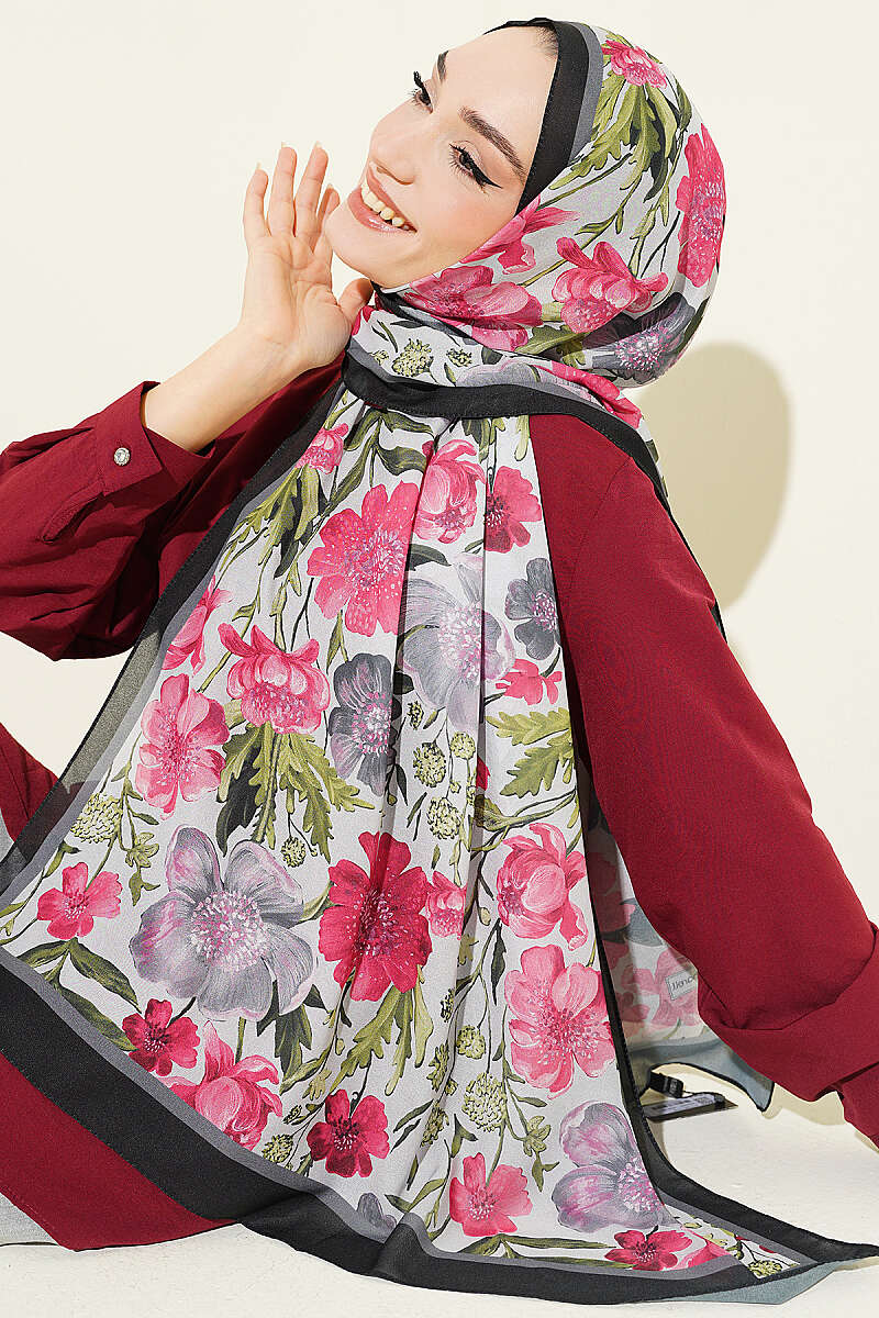 Floral Italian Chiffon Shawl - Black-Grey