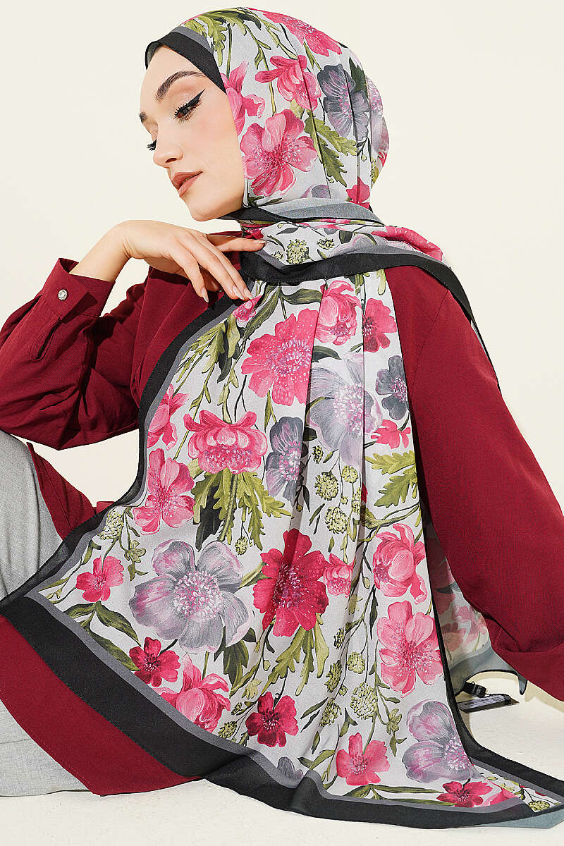 Floral Italian Chiffon Shawl - Black-Grey