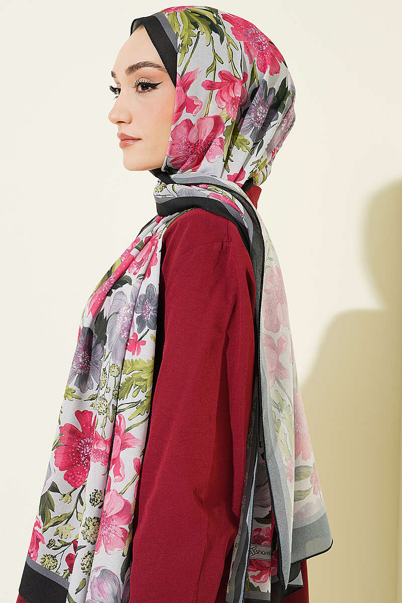 Floral Italian Chiffon Shawl - Black-Grey