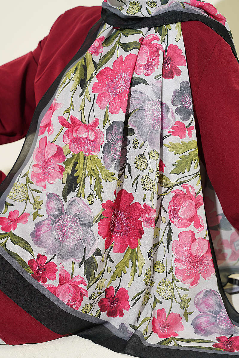 Floral Italian Chiffon Shawl - Black-Grey