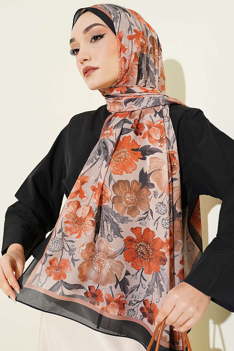 Floral Italian Chiffon Shawl - Black-Latte
