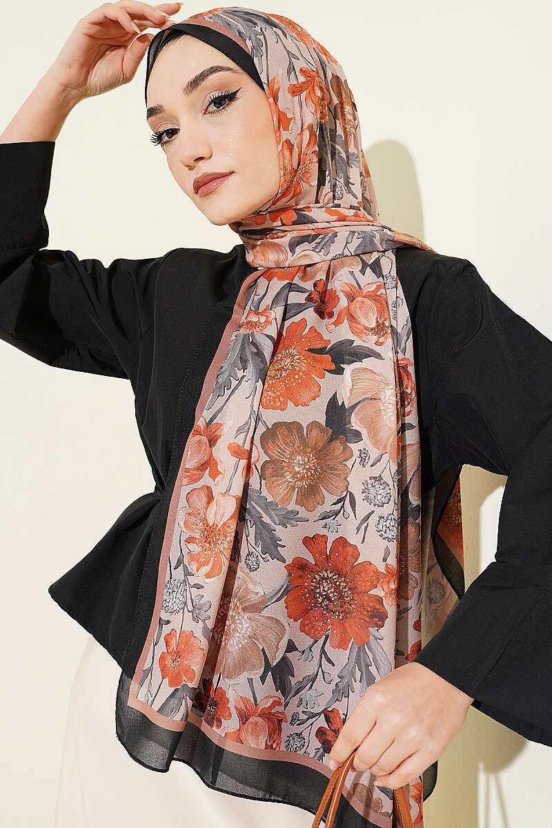 Floral Italian Chiffon Shawl - Black-Latte