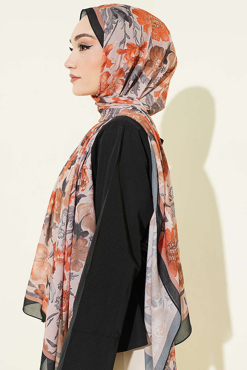 Floral Italian Chiffon Shawl - Black-Latte