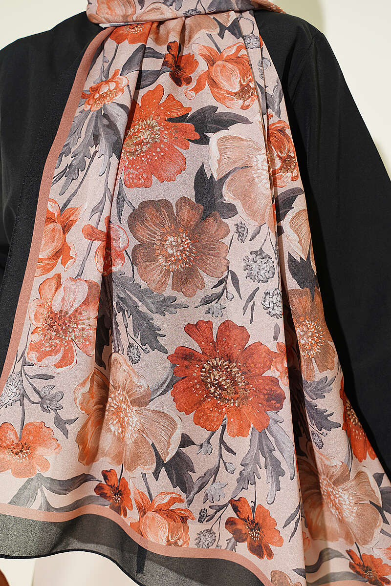 Floral Italian Chiffon Shawl - Black-Latte