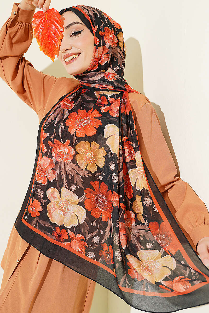 Floral Italian Chiffon Shawl - Black-Orange
