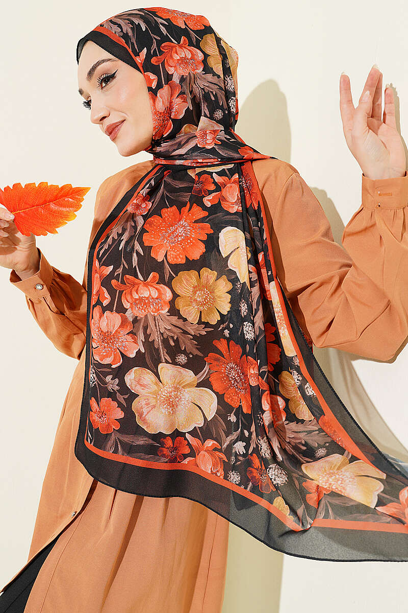 Floral Italian Chiffon Shawl - Black-Orange