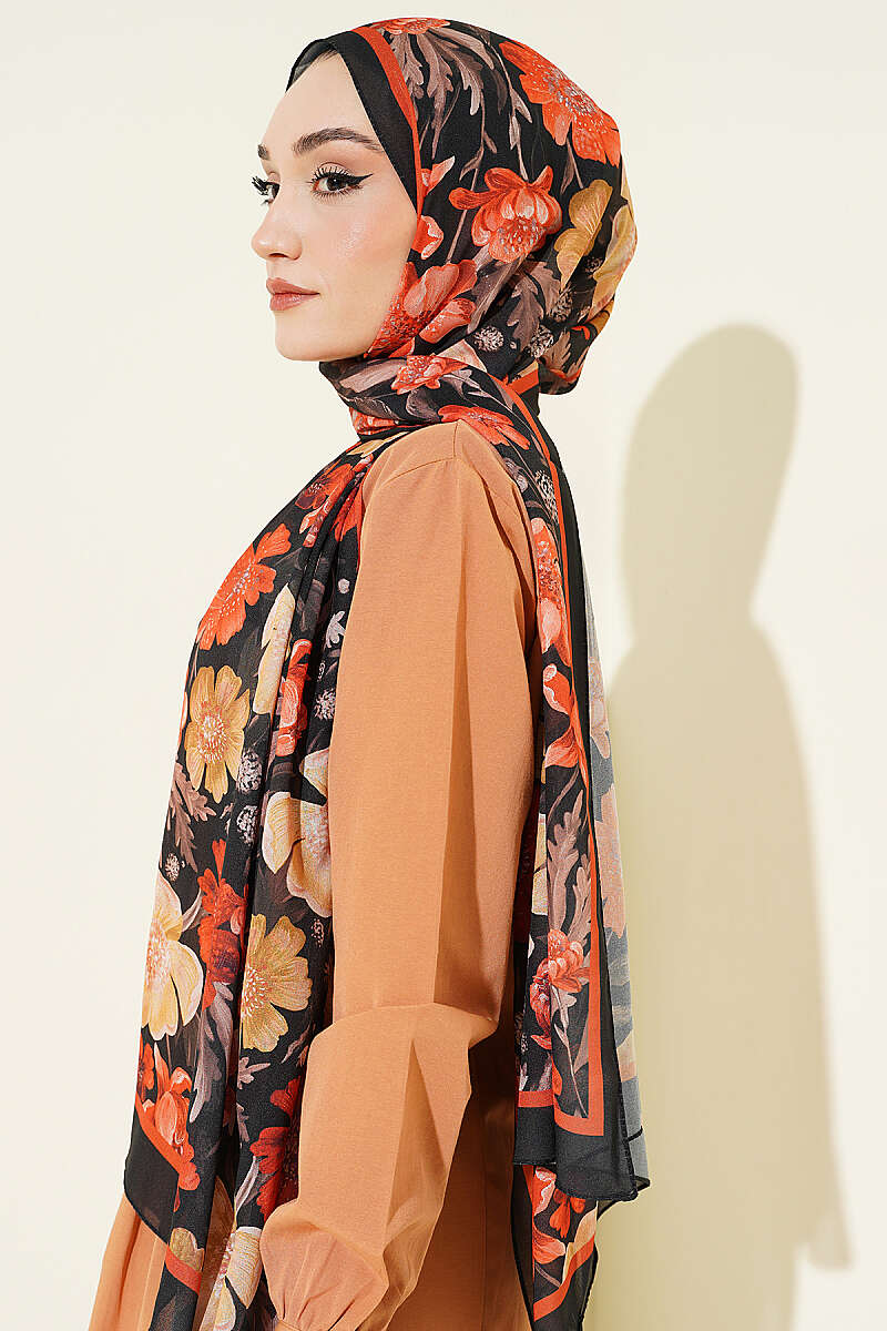 Floral Italian Chiffon Shawl - Black-Orange