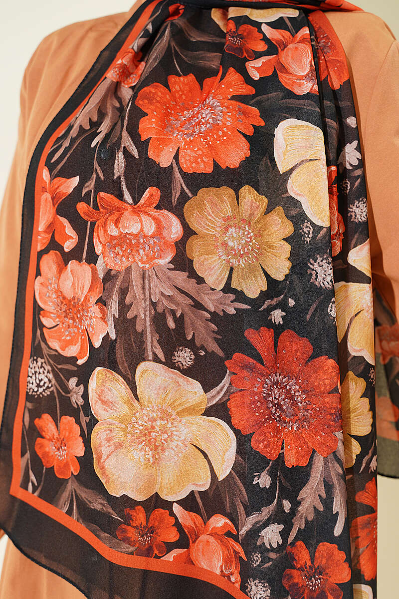 Floral Italian Chiffon Shawl - Black-Orange